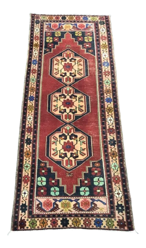 Vintage Geometric Design Turkish Handmade Red and Blue Runner Rug
