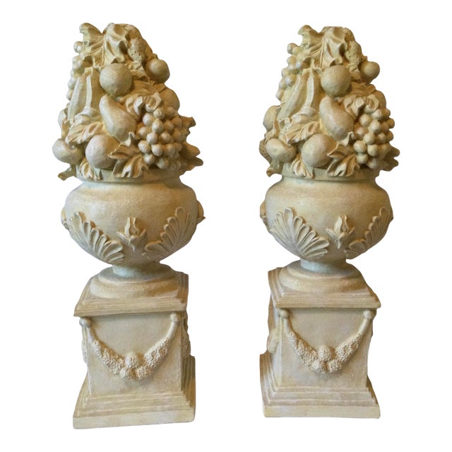 Vintage French Anduze Style Vases With Fruit Sculptures/Topiary, a Pair For Sale