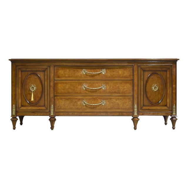 Mid Century French Provincial-Style Burlwood Lowboy Dresser by Hellam Furniture Company Pennsylvania For Sale