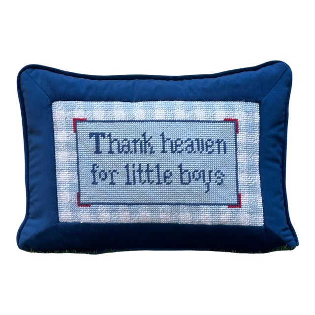 Hand-Embroidered Needlepoint "Thank Heaven for Little Boys" Original Cusotm Pillow For Sale