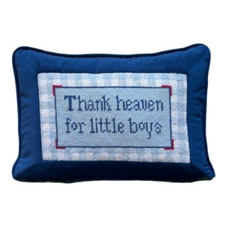 Hand-Embroidered Needlepoint "Thank Heaven for Little Boys" Original Custom Pillow For Sale