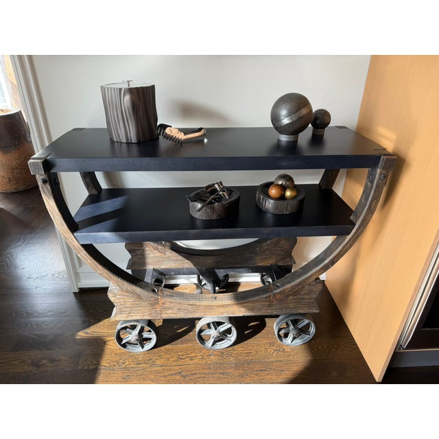 Restoration Hardware Restoration Hardware Bar Cart — Industrial Modern, Sculptural Wheels, Two‑Tier Design For Sale - Image 4 of 8