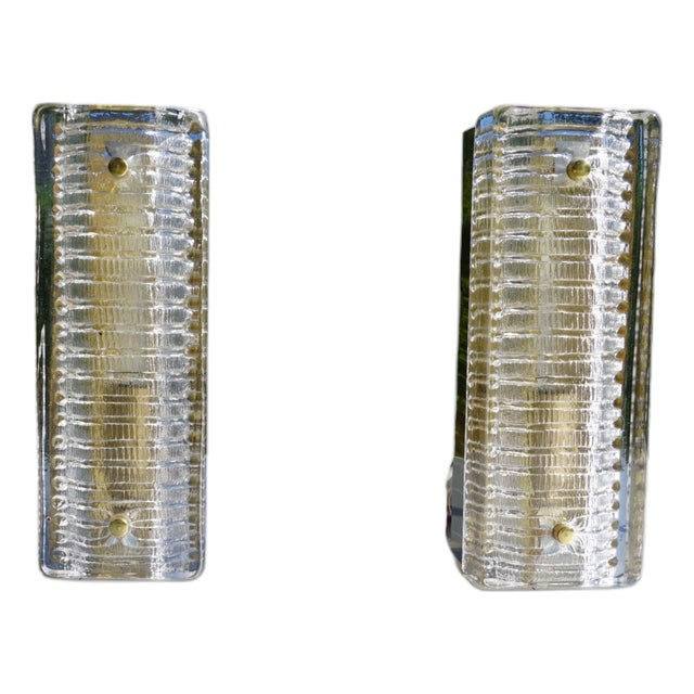 Textured Ice Glass and Brass Wall Sconces, 1970s, Set of 2 For Sale
