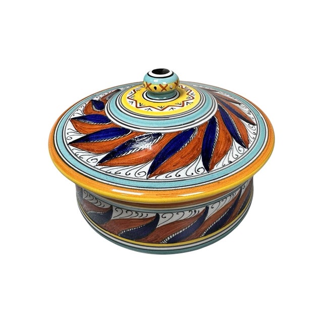 1990s Vintage F.lli Mari Deruta Italy Majolica Hand Painted Geometric Lidded Bowl For Sale - Image 5 of 5