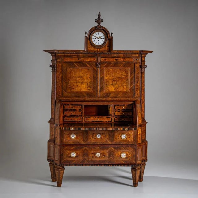 Neoclassical Cylinder Secretaire Desk with Clock, 1780 For Sale - Image 12 of 15