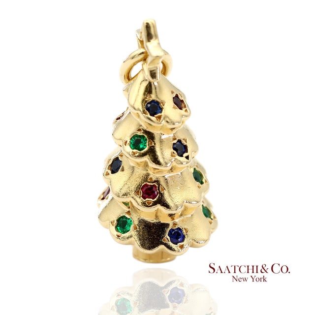 Contemporary Tiffany & Co. 18k 750 Yellow Gold Rainbow Gemstone Christmas Tree Charm Pendant For Sale - Image 3 of 12