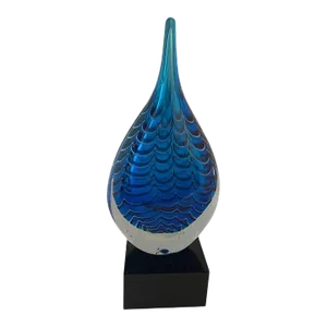 Blue Hand-Blown Rain Drop Art Glass on Black Glass Base