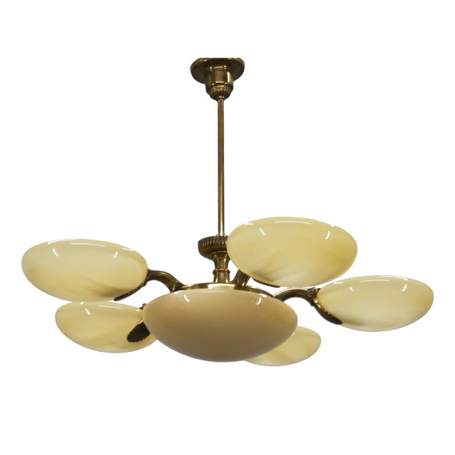 Art Nouveau Six-Light Brass Chandelier by Jencik, Czechoslovakia, 1920s For Sale