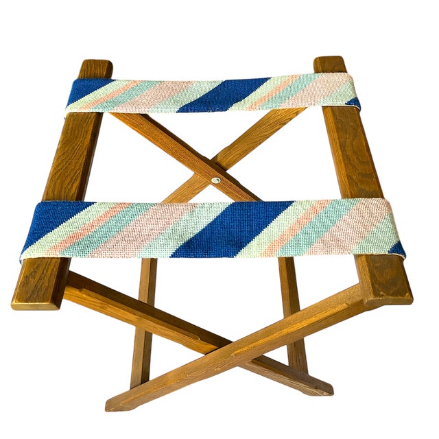 Ralph Lauren 1980s Vintage Striped Needle Point Wooden Luggage Rack For Sale - Image 4 of 8