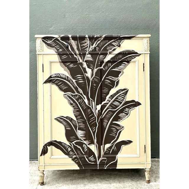 Hollywood Regency Vintage Banana Leaf Hand Painted Cabinet For Sale - Image 3 of 14