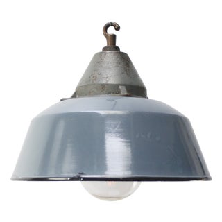 Vintage Industrial Grey Enamel, Glass, and Cast Iron Pendant Lamp For Sale
