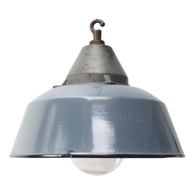 Vintage Industrial Grey Enamel, Glass, and Cast Iron Pendant Lamp For Sale