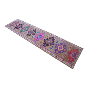 1970s Hand-Knotted Colorful Turkish Runner Rug - 3′1″ × 13′1″