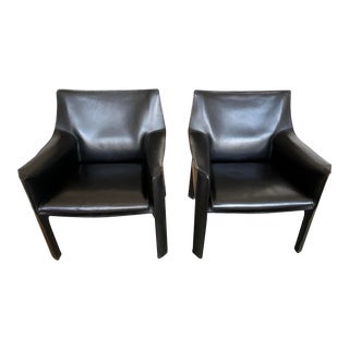 Cassina by Mario Bellini: Italian Design Black Leather Classic Cab 414 Armchairs- Set of 2 For Sale