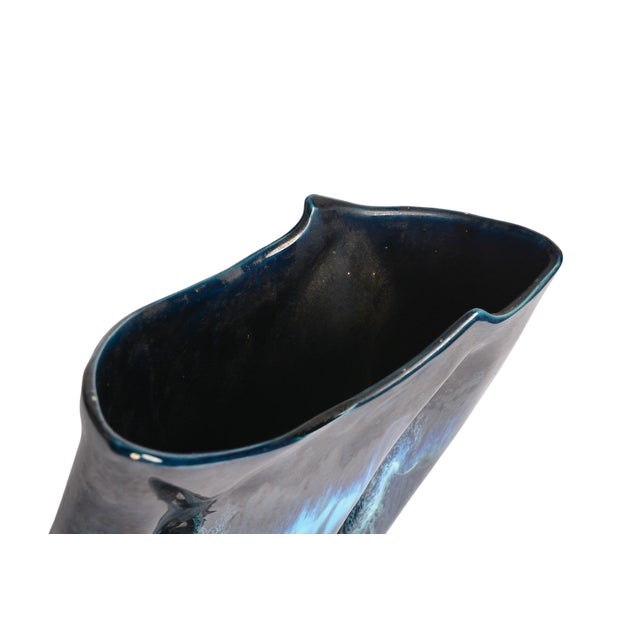 19th Century Mid Century Vallauris Ceramic Blue Black Swirl Vase For Sale - Image 5 of 7