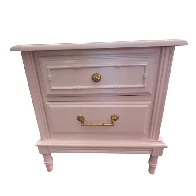 Hollywood Regency 1970s Coastal Faux Bamboo “Wispy Pink” Nighstands - A Pair For Sale - Image 3 of 13