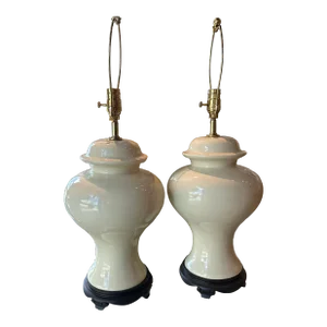 Vintage Pair Chinoiserie Ceramic Cream Ivory Ginger Jar Table Lamps Newly Wired
