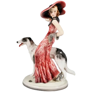 Masquerade Lady with Barsoi Figurine attributed to Claire Weiss for Goldscheider, Vienna, 1935