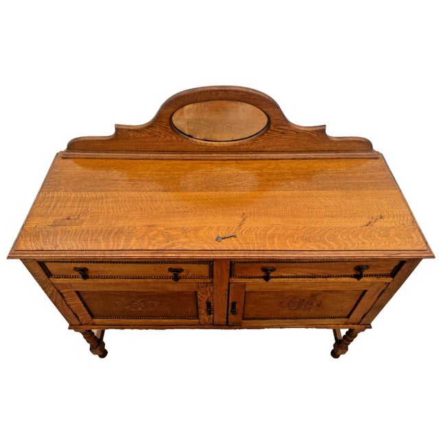 Early 20th Century English Jacobean Revival Carved Oak Buffet, Credenza Barley Twist Legs, Mirror For Sale - Image 4 of 15