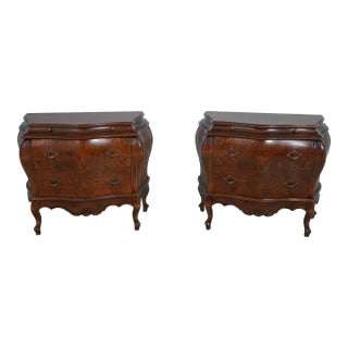 Pair Decorative Crafts Italian Burl Walnut Commodes For Sale