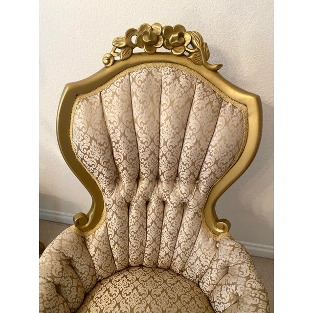Victorian Victorian Style Kimball Style Tufted Gold Upholstered Pair of Parlor Chairs Vintage For Sale - Image 3 of 10