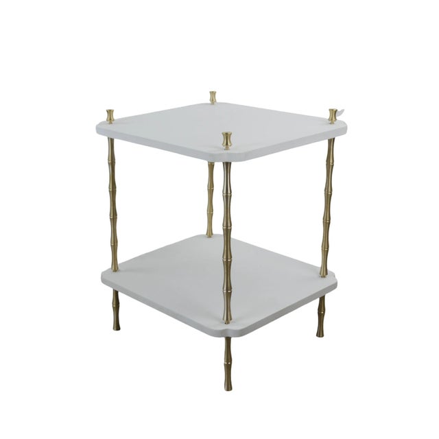 Wood and Brass Faux Bamboo Legs White Sofa Side Table, Handcrafted Lacquered Double Side Table with Unpainted Polished...
