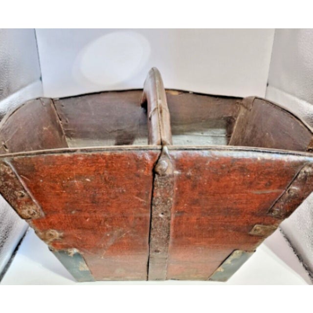 Chinese Antique 19th Century Chinese Fir Wood Rice Basket/Bucket, Iron Brackets For Sale - Image 3 of 12