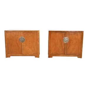 Michael Taylor for Baker Furniture Far East Collection Chinoiserie Burled Walnut Bar Cabinets, Pair