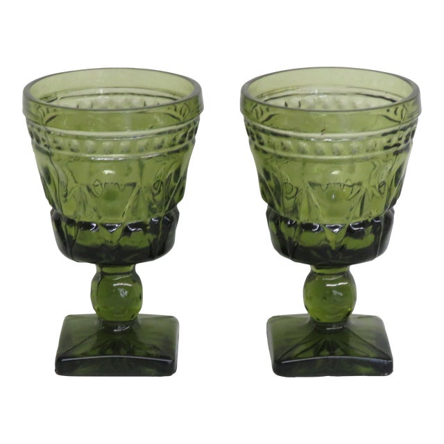 Indiana Glass Colony Park Lane Avocado Green Goblets Cups Set of Two For Sale