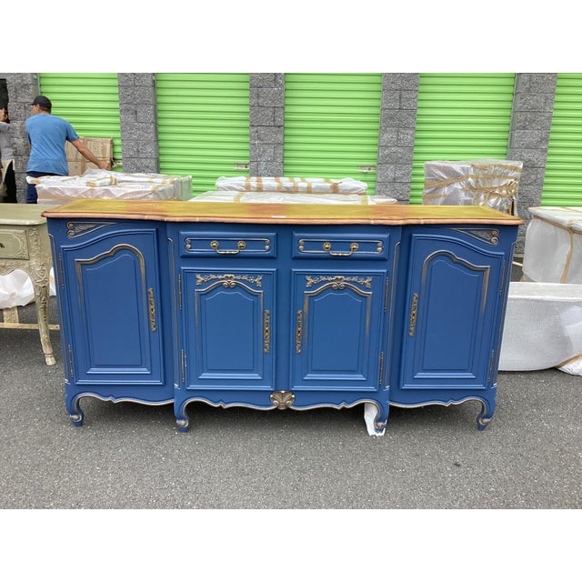 Wood French Blue Painted Credenza W/Gold Accents For Sale - Image 7 of 16