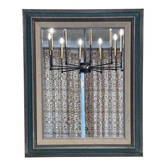 Mid Century Traditional Mint Green & Silver Wood Wall Mirror For Sale