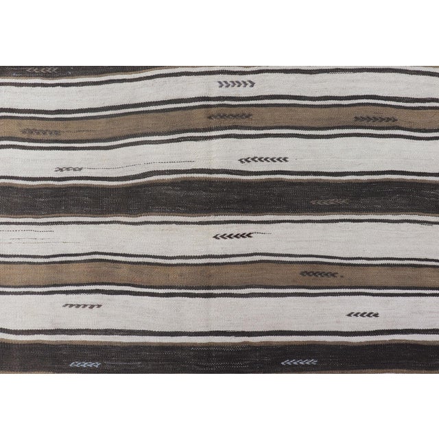 Mid 20th Century Vintage Turkish Kilim Rug With Ivory, Brown, Olive and Red Stripes For Sale - Image 5 of 11