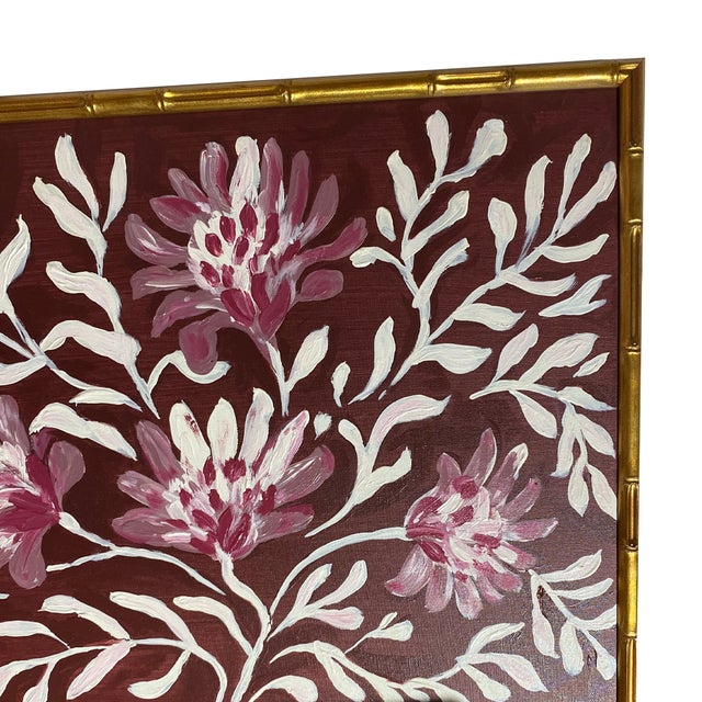 Original Floral Painting — Acrylic on Canvas Board, Framed 18.75×24.75 in Gilded Bamboo Frame, Botanical Wall Art by Tatiana Duperault For Sale - Image 4 of 5