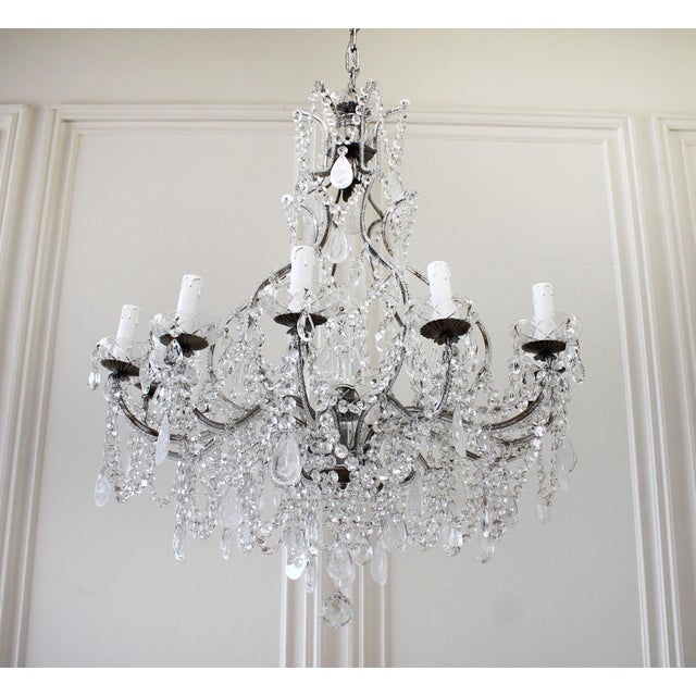 French Country Antique Reproduction Italian Chandelier With Beaded Arms and Rock Style Crystals For Sale - Image 3 of 11
