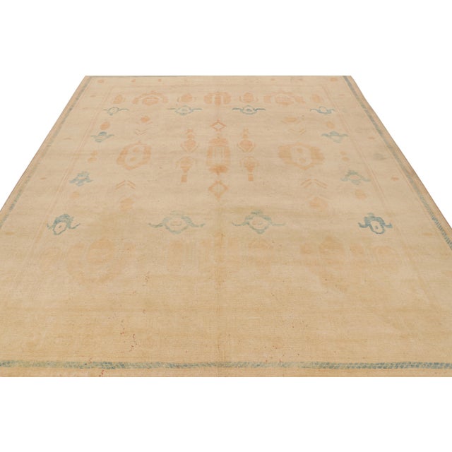 1950s Handknotted Vintage Turkish Oushak Rug in Beige/Brown, Orange Geometric Pattern For Sale - Image 5 of 8