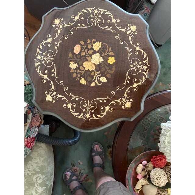 Beautiful vintage Italian table with Marquetry Inlay. Great shape, sturdy legs.