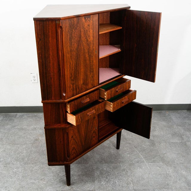 Mid Century Danish Modern Corner Cabinet Rosewood Bar Denmark Drawers Locking Vg For Sale - Image 11 of 11