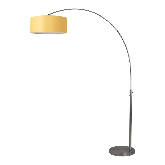 1-Light 1960s Morelli Float Mid Century Floor Lamp - Modern Arc Lamp, Mustard Linen Shade, Black Nickel Finish, Dimmable For Sale