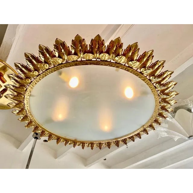Spanish Crown Sunburst Fixture in Gilt Metal and Frost Glass, 1970s For Sale - Image 3 of 10