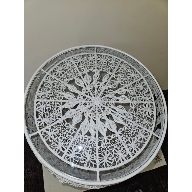 1970s Painted Wire "Macrame" Garden Stool or Drinks Table With Inset Glass Top For Sale - Image 4 of 5