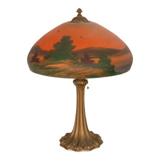 Antique American Pittsburgh Reverse Painted Glass Bronze Table Lamp Signed 1920 For Sale