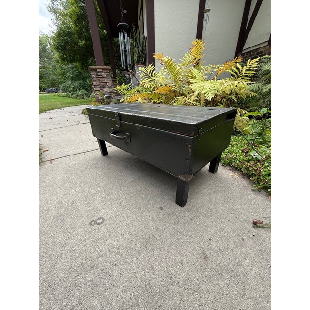 Antique Rustic Black Painted Wood Tool Storage Bench Coffee Table For Sale - Image 6 of 13