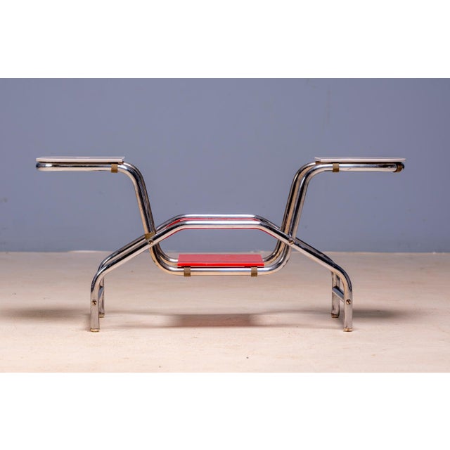 Metal 20th Century Bauhaus Tubular Steel Flower Stand with Colored Glass Shelves, Czechoslovakia, 1930 For Sale - Image 7 of 8