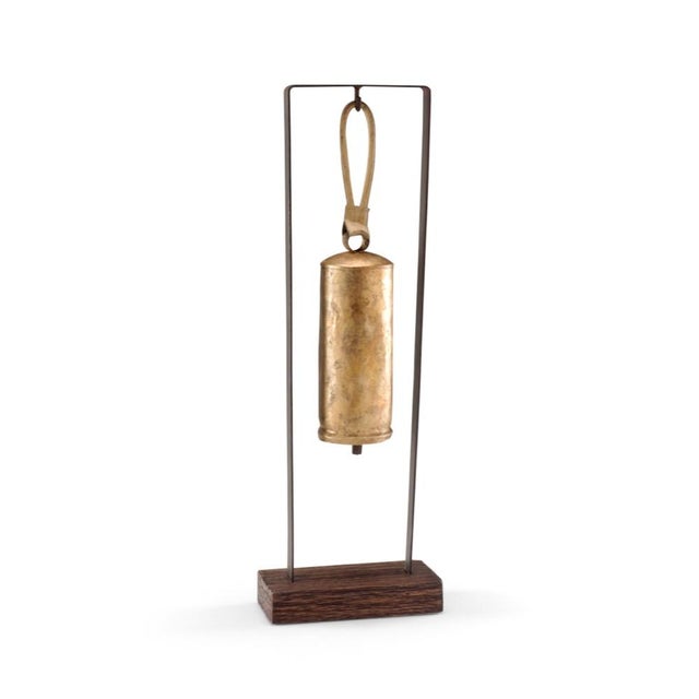 Brass bell with patina wood and iron suspension 30h x 10w x 4.8d