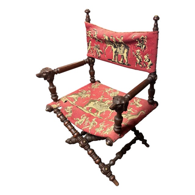 Antique Victorian Hunzinger Style Folding Chair Dog Heads Circus Needlepoint For Sale