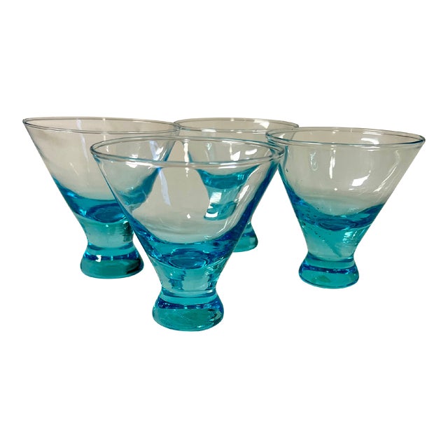 Vintage Handblown Capri Blue Stemless Weighted Cocktail Glasses- Set of 4 For Sale