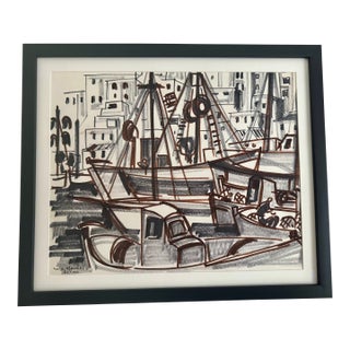 Mid 20th Century Modern Attributed to Jean-Baptiste Grancher – Urban Waterfront Scene For Sale