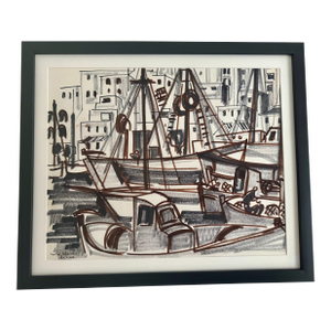 Mid 20th Century Modern Attributed to Jean-Baptiste Grancher – Urban Waterfront Scene