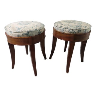 Pair of Custom Dark Wood Short Stools With Removable White & Blue Upholstery For Sale