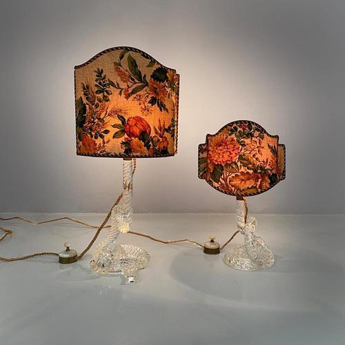 Italian Art Deco table lamps by Seguso in Murano glass and floral fabric, 1930s Pair of Murano glass table lamps. The...